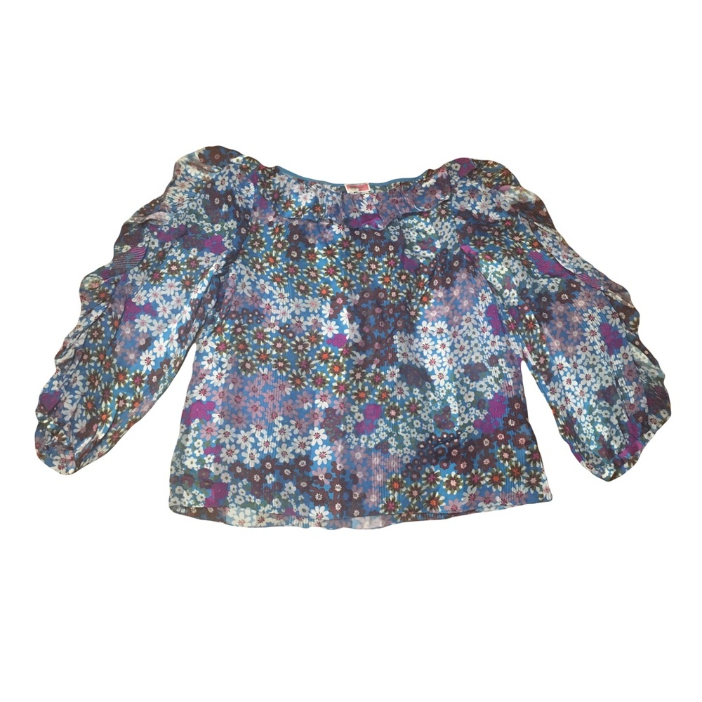 Kate Spade LARGE 100% silk floral print ruffle top blouse purple blue on white